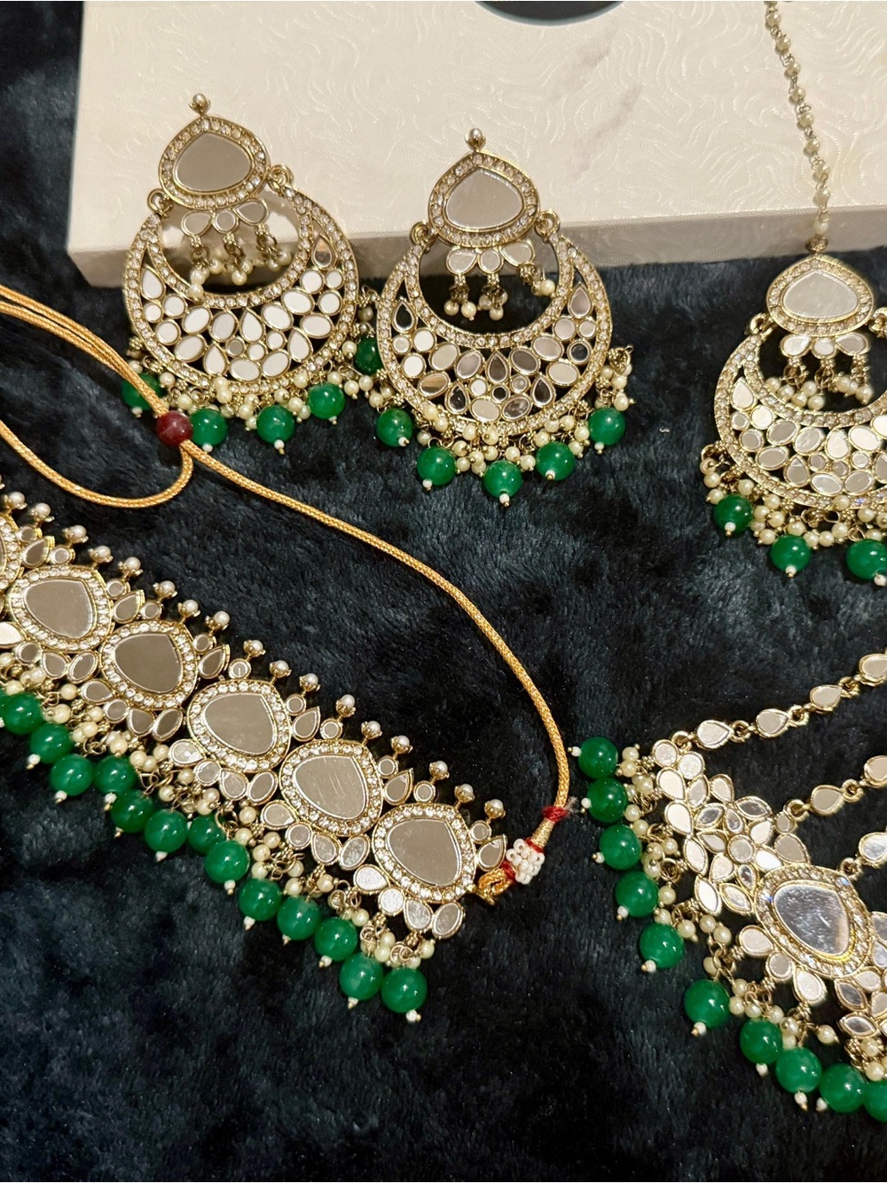 Gold-Tone Kundan Necklace & Earring Set with Green Beads
